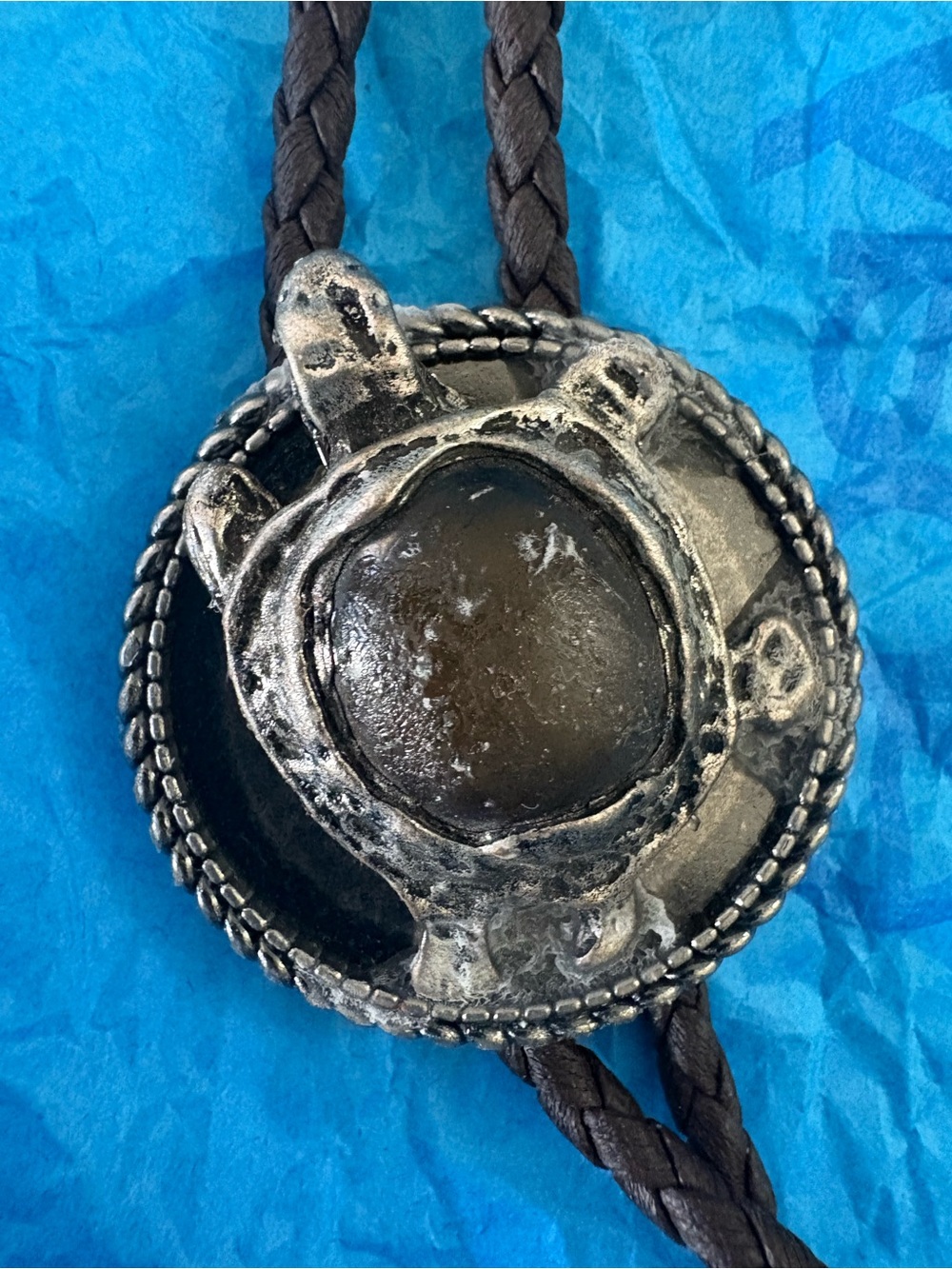 Men's Brown Braided Leather Bolo Tie with Silver-Tone Turtle Concho
